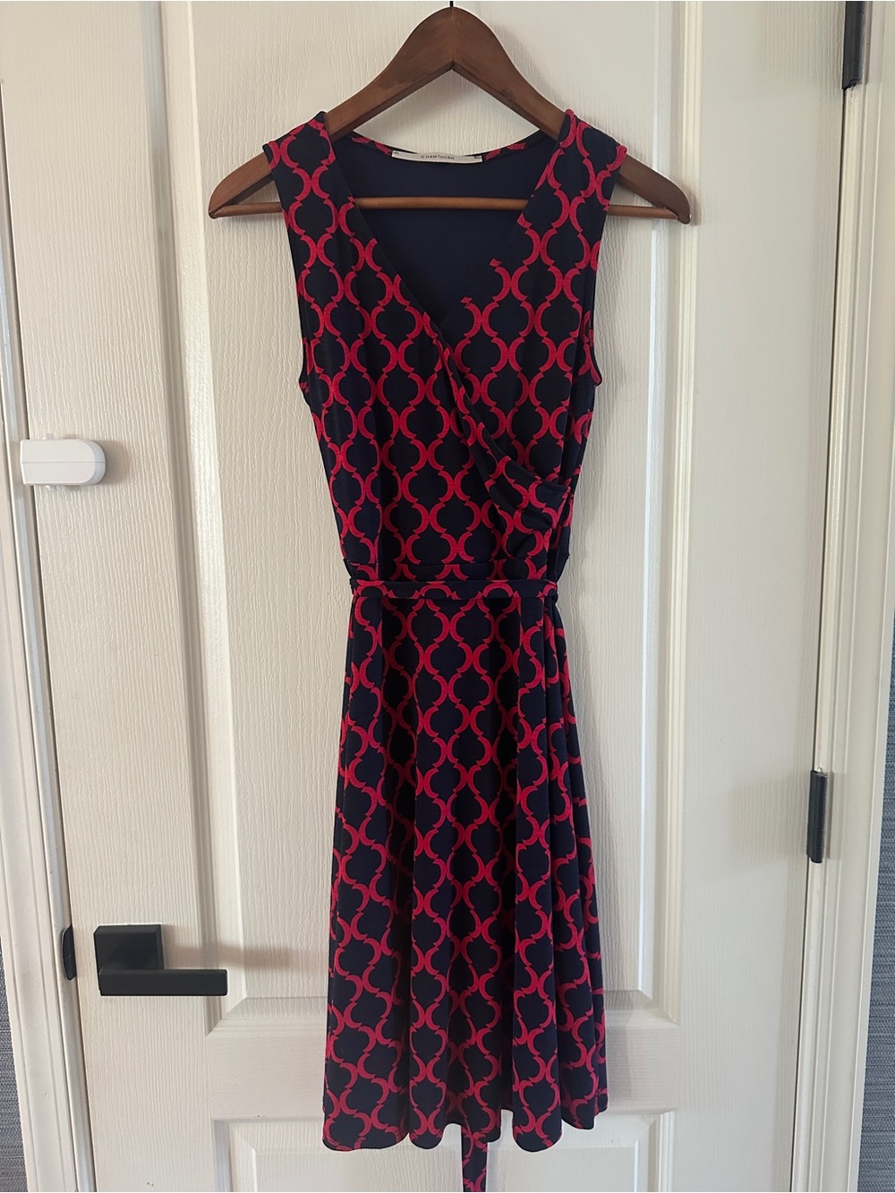 41 Hawthorn Navy Dress with Fuchsia Geometric Print